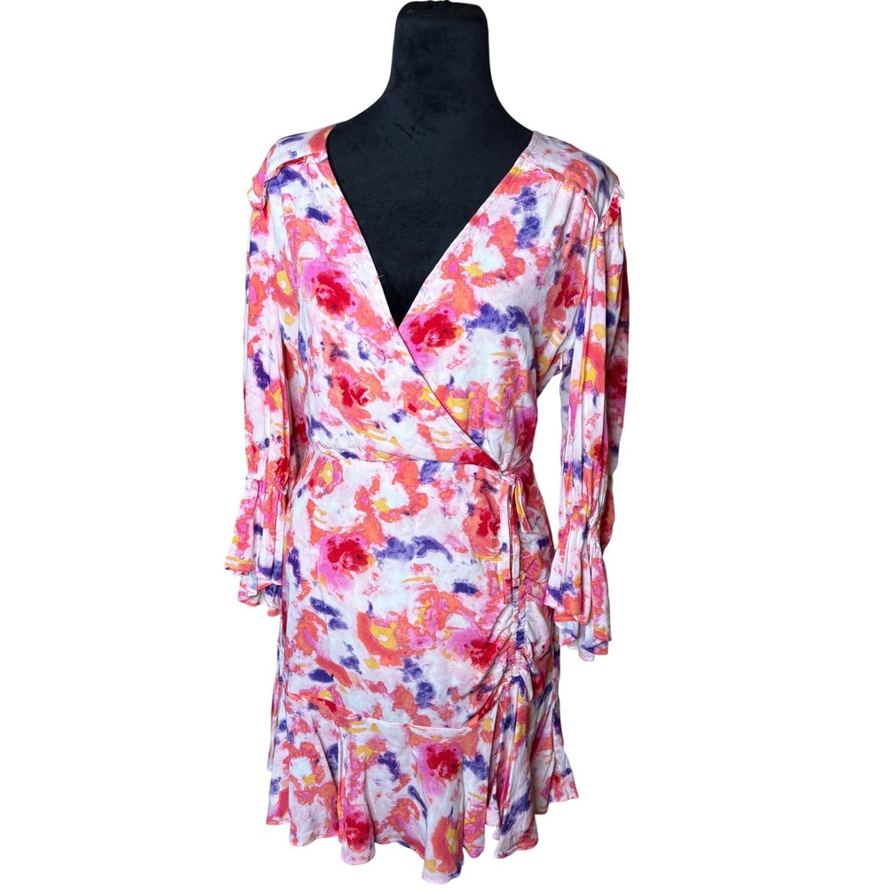 Betsey Johnson Sunset Floral Wrap Mini Dress Pink Orange Purple Ruffle Size 6
